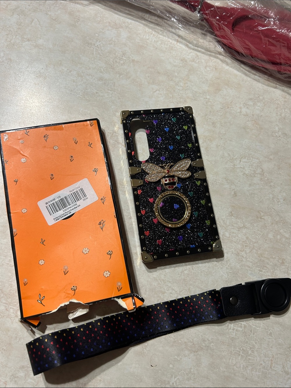 Samsung Black Glitter Phone Case with Multicolor Hearts and Bee Ring